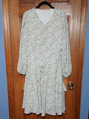 Floral Cream Long Sleeve Wrap-Style Tiered Dress